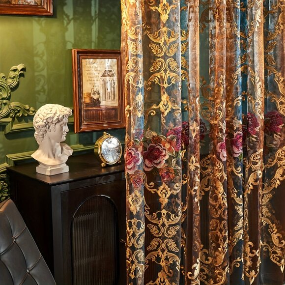 2PCS Vintage American Lace Embroidered Sheer Curtains with Transparent Fabric - Picture 1 of 10